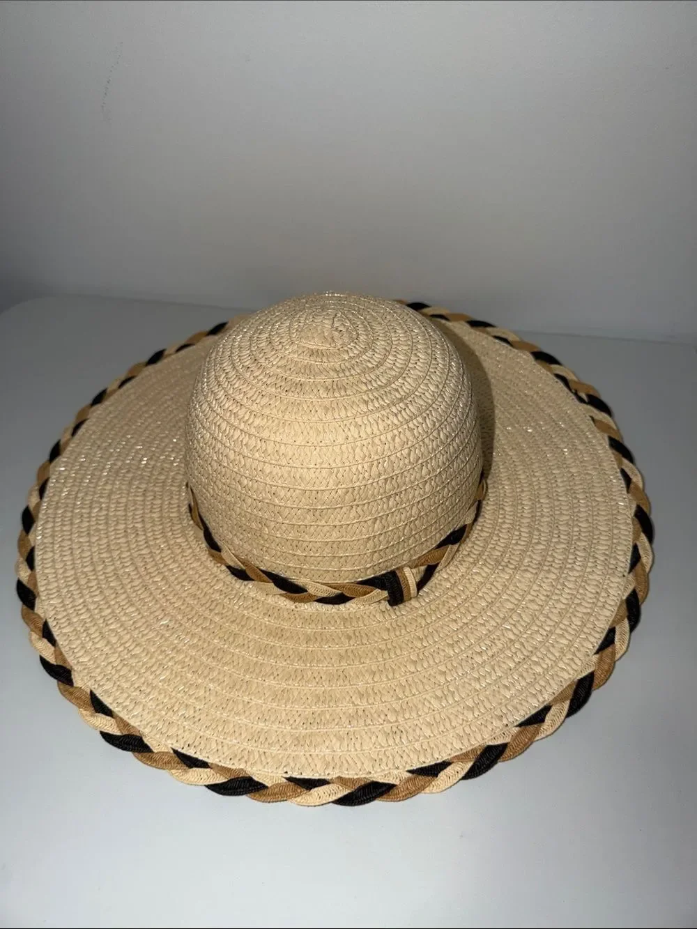 TAHARI Beige Tan Black Braided Detail Floppy Straw Hat